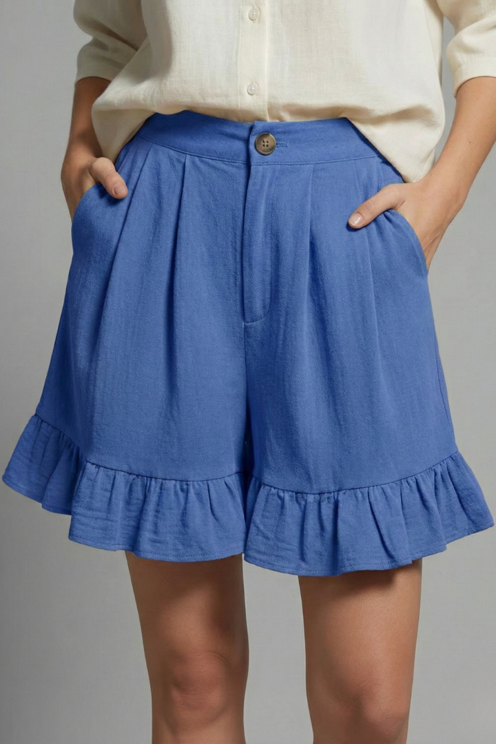 Effortless Shorts for Women with High Waist Button Pleated Ruffle Hem Pocket Casual Summer Style