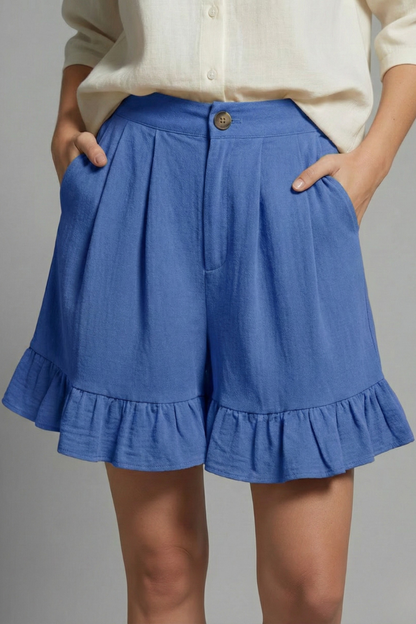 Effortless Shorts for Women with High Waist Button Pleated Ruffle Hem Pocket Casual Summer Style