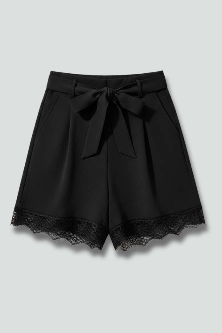 Stylish Black Shorts for Women with Tie Waist Bow Lace Hem High Waist Flowy Casual Style