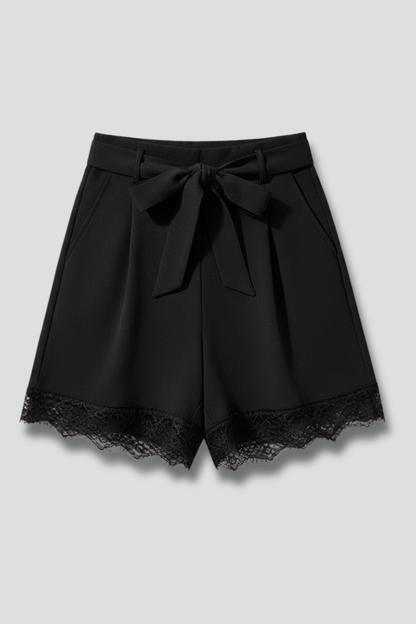 Stylish Black Shorts for Women with Tie Waist Bow Lace Hem High Waist Flowy Casual Style