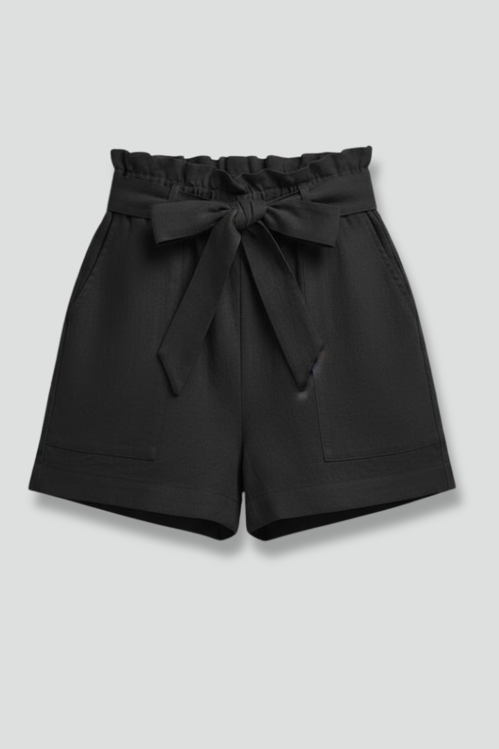 Effortless Black Paperbag Shorts for Women with High Waist Tie Belt Relaxed Casual Style