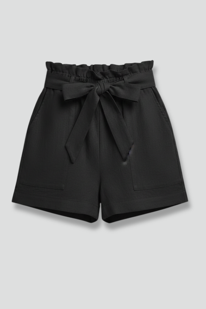 Effortless Black Paperbag Shorts for Women with High Waist Tie Belt Relaxed Casual Style