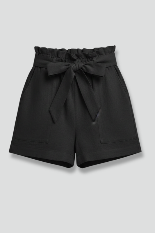 Effortless Black Paperbag Shorts for Women with High Waist Tie Belt Relaxed Casual Style