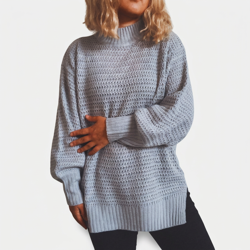 Cozy Longline Mock Neck Sweater for Women with Long Sleeve Textured Knit Oversized Style