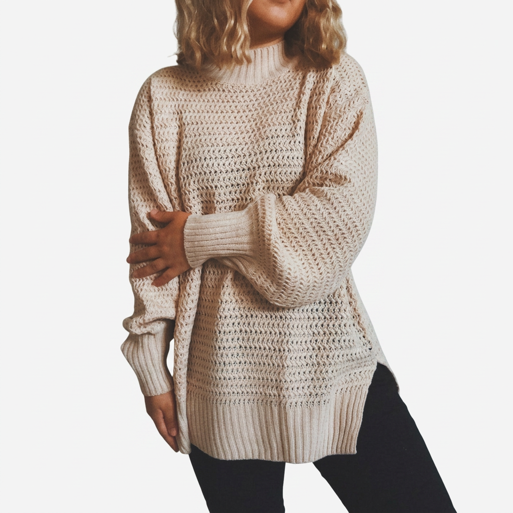 Cozy Longline Mock Neck Sweater for Women with Long Sleeve Textured Knit Oversized Style