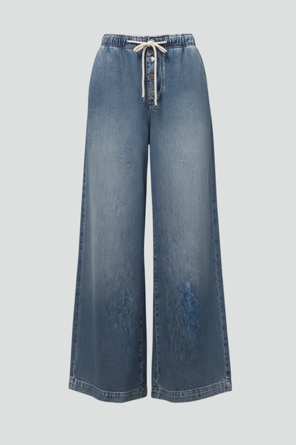 Effortless Blue Wide Leg Jeans for Women with Drawstring Waist Button Fly Relaxed Style
