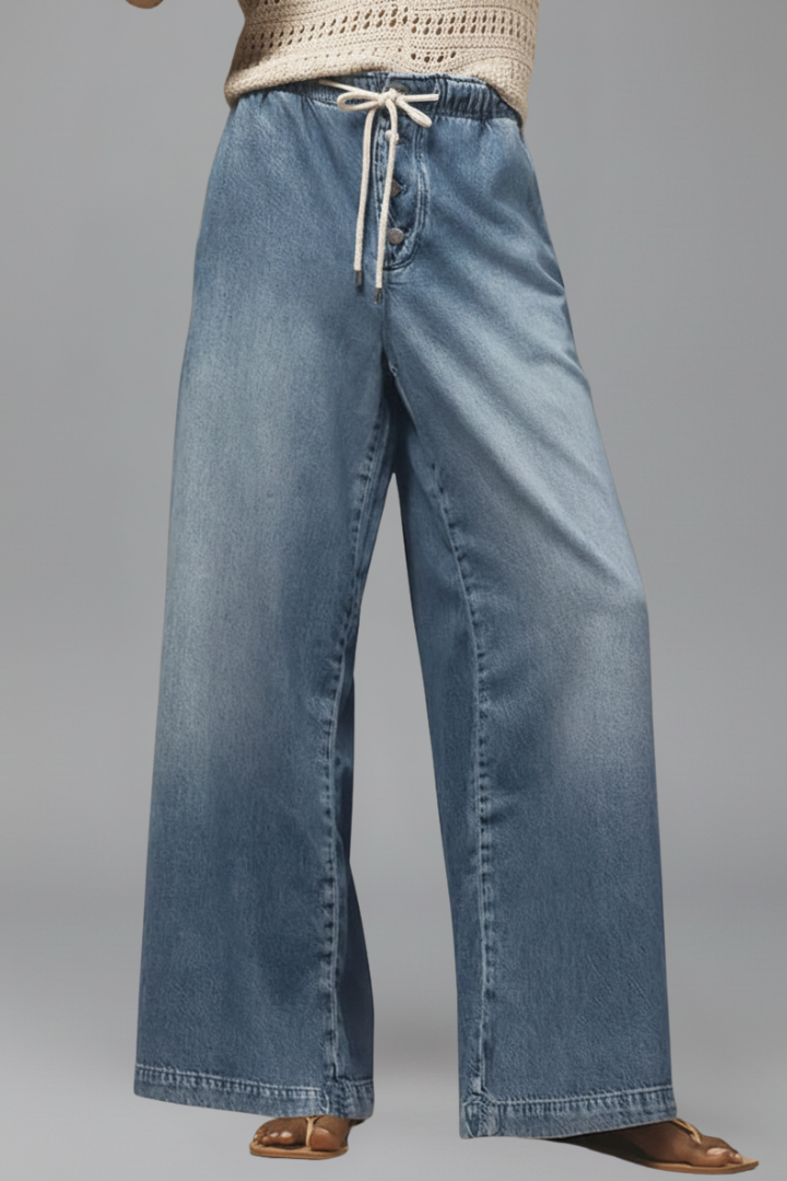 Effortless Blue Wide Leg Jeans for Women with Drawstring Waist Button Fly Relaxed Style