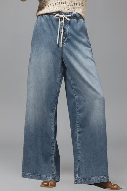 Effortless Blue Wide Leg Jeans for Women with Drawstring Waist Button Fly Relaxed Style