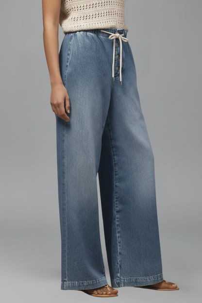Effortless Blue Wide Leg Jeans for Women with Drawstring Waist Button Fly Relaxed Style