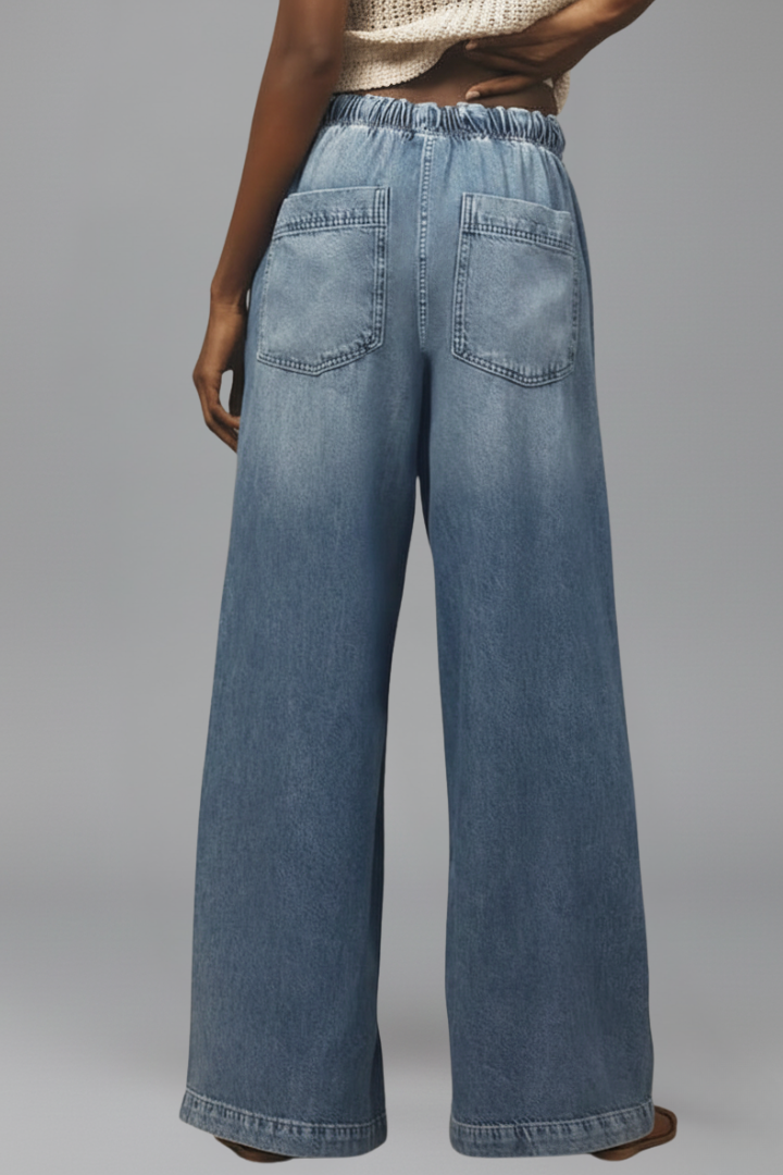 Effortless Blue Wide Leg Jeans for Women with Drawstring Waist Button Fly Relaxed Style