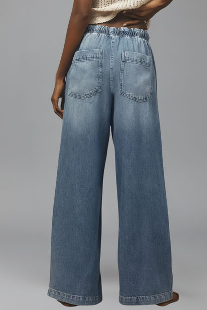 Effortless Blue Wide Leg Jeans for Women with Drawstring Waist Button Fly Relaxed Style