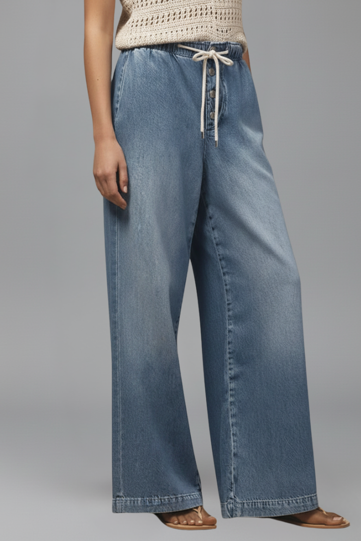 Effortless Blue Wide Leg Jeans for Women with Drawstring Waist Button Fly Relaxed Style