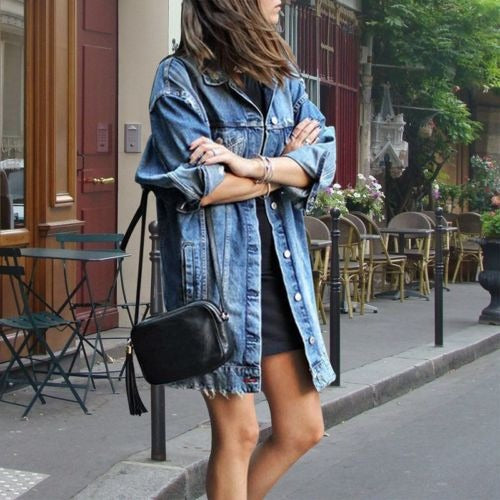 Effortless Denim Jacket for Women with Spread Collar Long Sleeve Button Front Oversized Longline Style