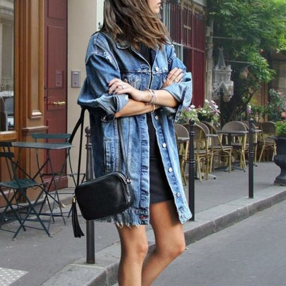 Effortless Denim Jacket for Women with Spread Collar Long Sleeve Button Front Oversized Longline Style