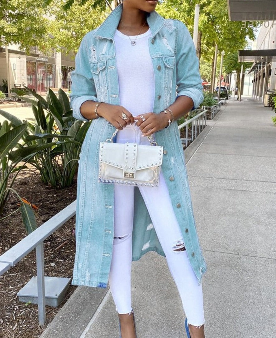 Effortless Denim Jacket for Women with Spread Collar Long Sleeve Button Front Oversized Longline Style