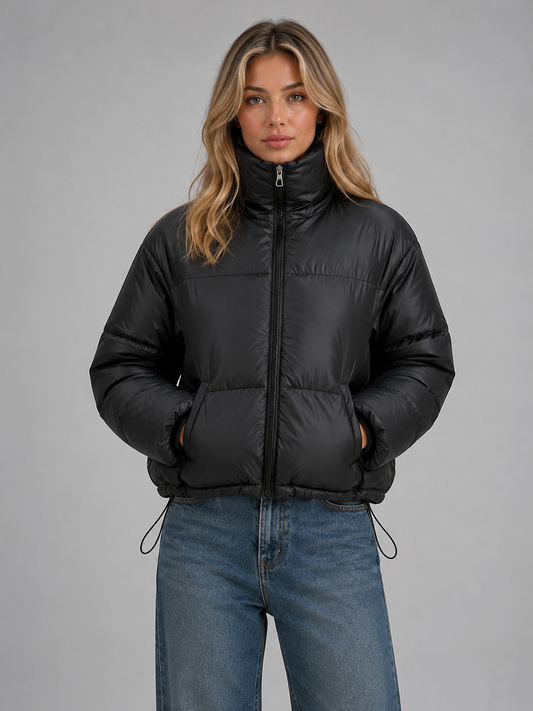 Stylish Black Cropped Puffer Jacket for Women with High Neck Hooded Zip Front Insulated Winter Style