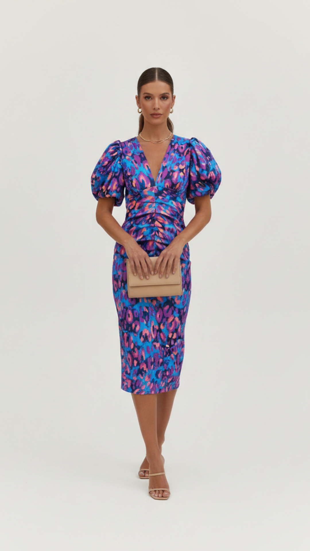 Elegant Abstract Print Cocktail Party Dress for Women with V Neck Puff Sleeve Ruched Bodycon Midi Style