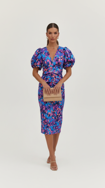 Elegant Abstract Print Cocktail Party Dress for Women with V Neck Puff Sleeve Ruched Bodycon Midi Style