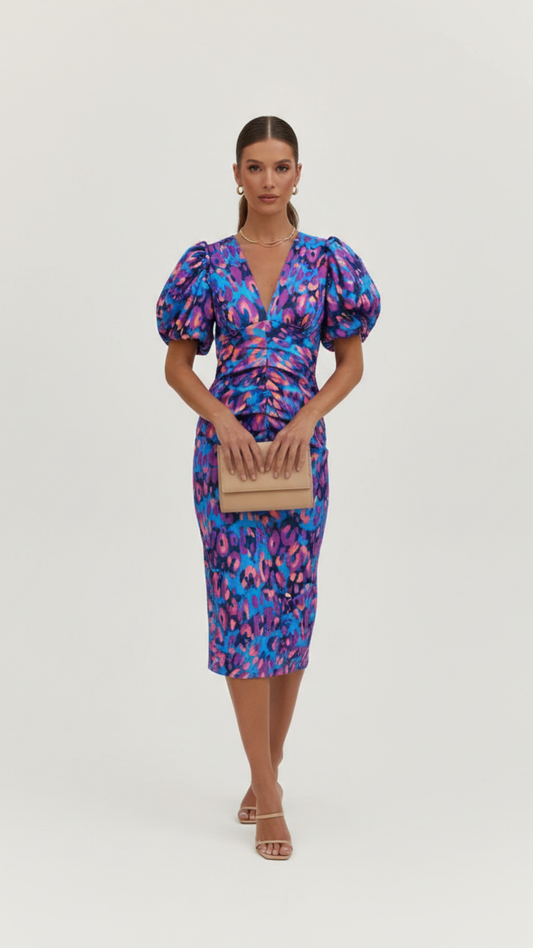 Elegant Abstract Print Cocktail Party Dress for Women with V Neck Puff Sleeve Ruched Bodycon Midi Style
