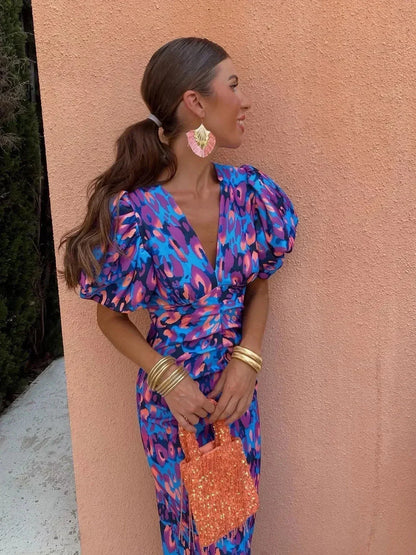 Elegant Abstract Print Cocktail Party Dress for Women with V Neck Puff Sleeve Ruched Bodycon Midi Style