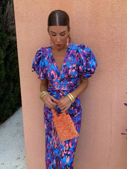 Elegant Abstract Print Cocktail Party Dress for Women with V Neck Puff Sleeve Ruched Bodycon Midi Style