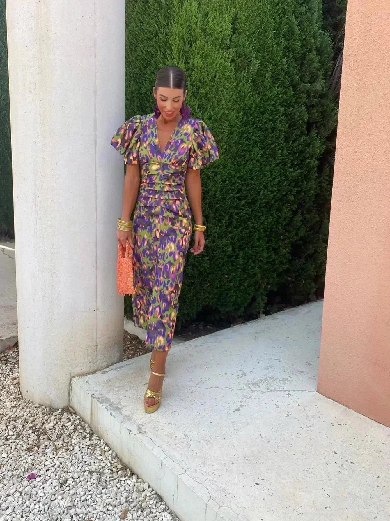 Elegant Abstract Print Cocktail Party Dress for Women with V Neck Puff Sleeve Ruched Bodycon Midi Style