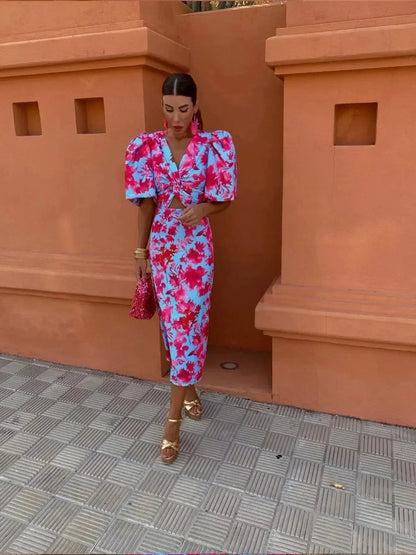 Elegant Abstract Print Cocktail Party Dress for Women with V Neck Puff Sleeve Ruched Bodycon Midi Style