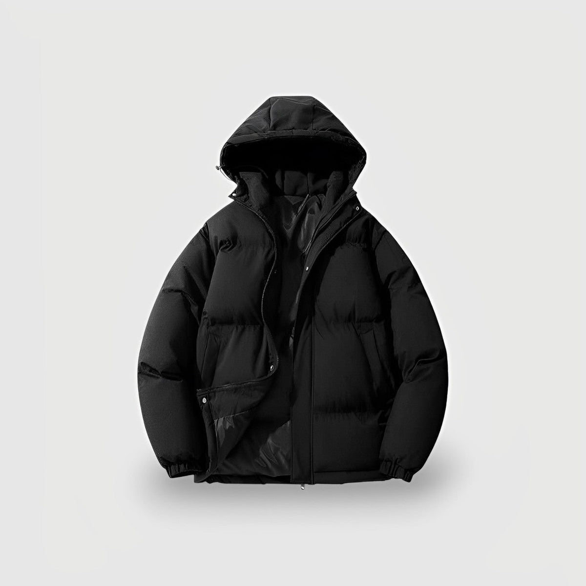Stylish Black Hooded Puffer Jacket for Women with Zip Front Drawstring Hem Quilted Insulated Winter Style