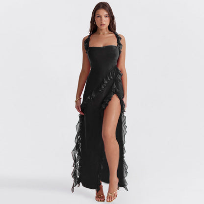 Elegant Wine Wedding Guest Maxi Dress for Women with Square Neck Sleeveless Ruffle Side Slit Formal Style