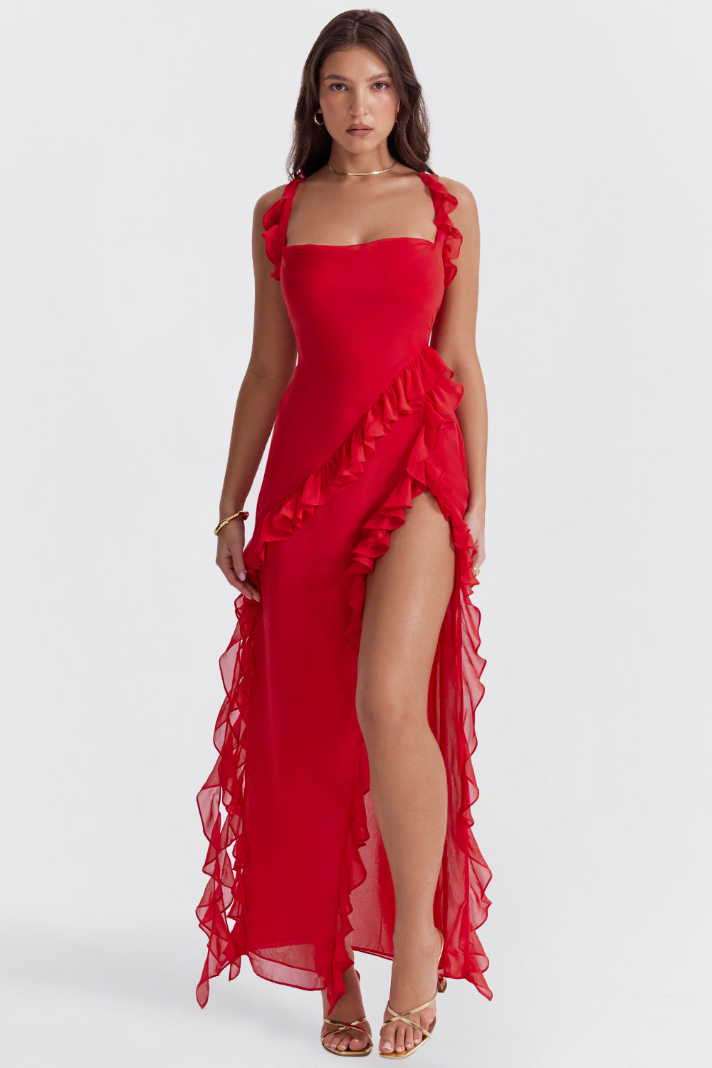 Elegant Wine Wedding Guest Maxi Dress for Women with Square Neck Sleeveless Ruffle Side Slit Formal Style