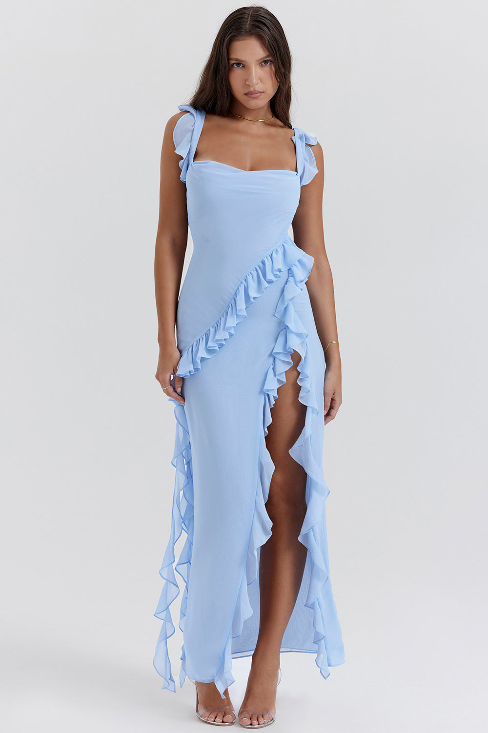 Elegant Wine Wedding Guest Maxi Dress for Women with Square Neck Sleeveless Ruffle Side Slit Formal Style