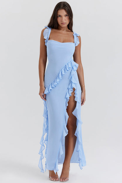 Elegant Wine Wedding Guest Maxi Dress for Women with Square Neck Sleeveless Ruffle Side Slit Formal Style
