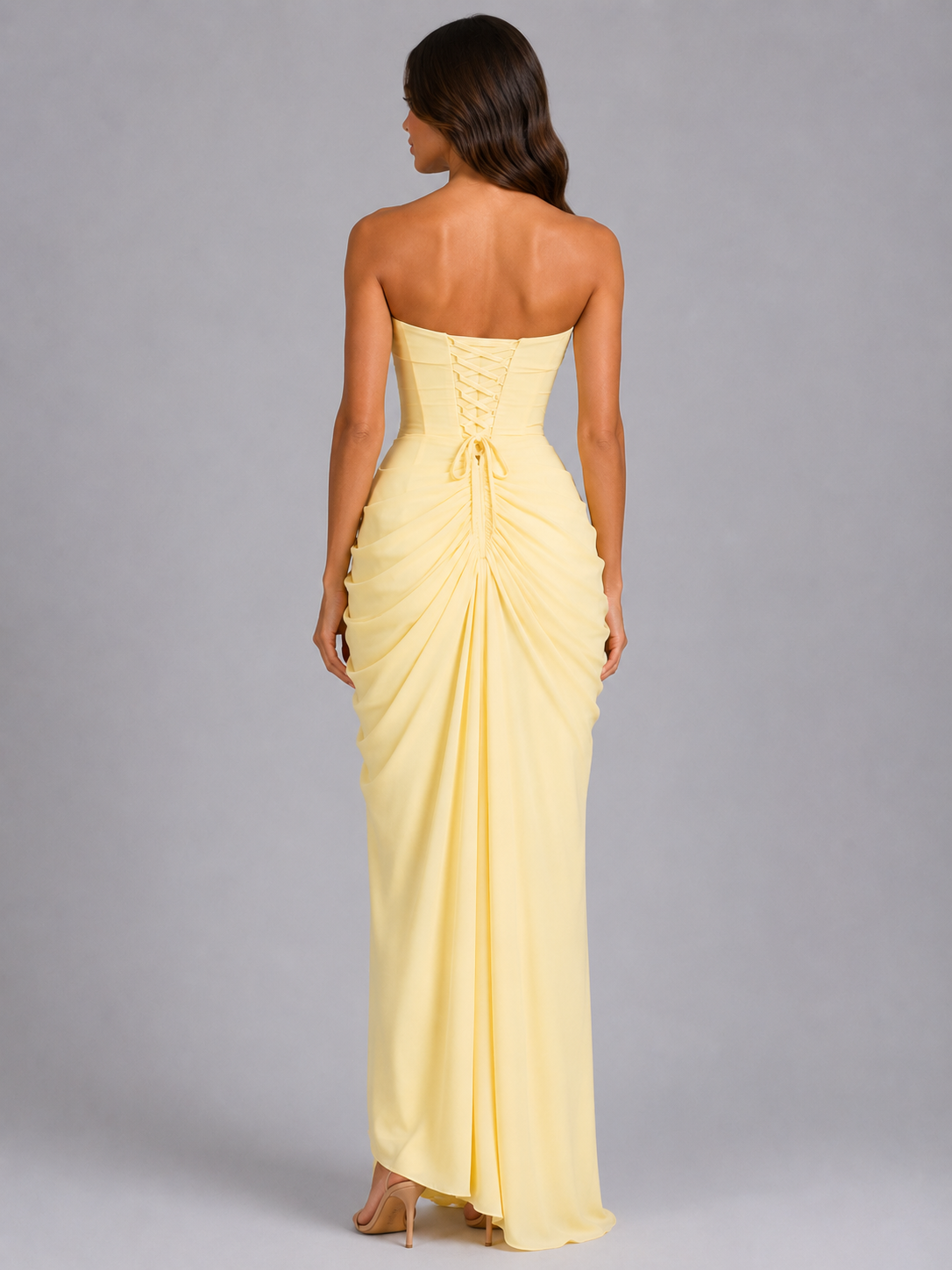 Elegant Yellow Wedding Guest Maxi Dress for Women with Strapless Draped Ruched Side Slit Formal Style