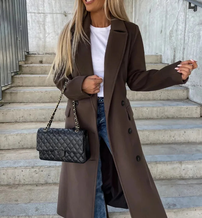 Timeless Brown Long Wool Coat for Women with Notched Lapel Double Breasted Tie Belt Tailored Winter Style