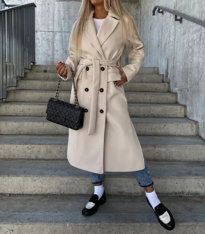 Timeless Brown Long Wool Coat for Women with Notched Lapel Double Breasted Tie Belt Tailored Winter Style