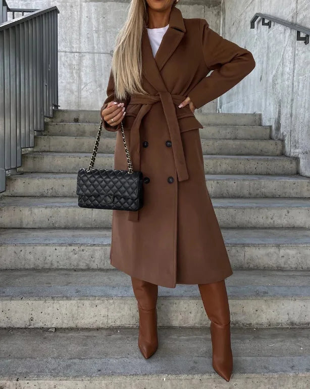Timeless Brown Long Wool Coat for Women with Notched Lapel Double Breasted Tie Belt Tailored Winter Style