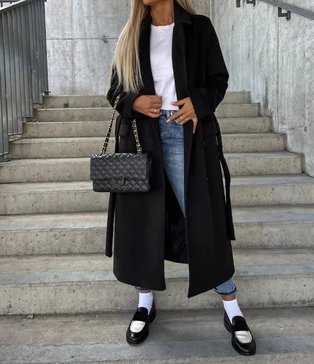 Timeless Brown Long Wool Coat for Women with Notched Lapel Double Breasted Tie Belt Tailored Winter Style