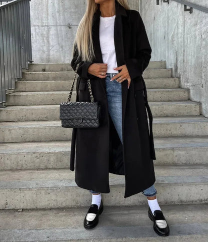Timeless Brown Long Wool Coat for Women with Notched Lapel Double Breasted Tie Belt Tailored Winter Style