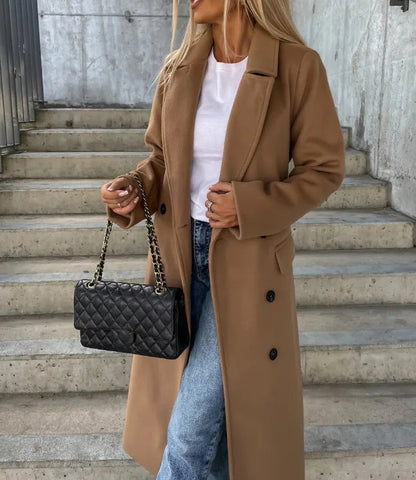 Timeless Brown Long Wool Coat for Women with Notched Lapel Double Breasted Tie Belt Tailored Winter Style