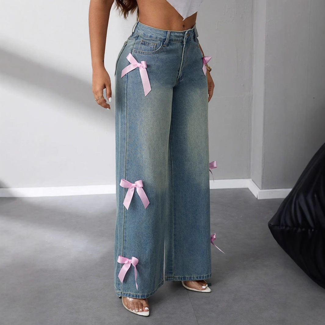 Effortless Blue Denim Wide Leg Jeans for Women with High Waisted Bow Ribbon Relaxed Style