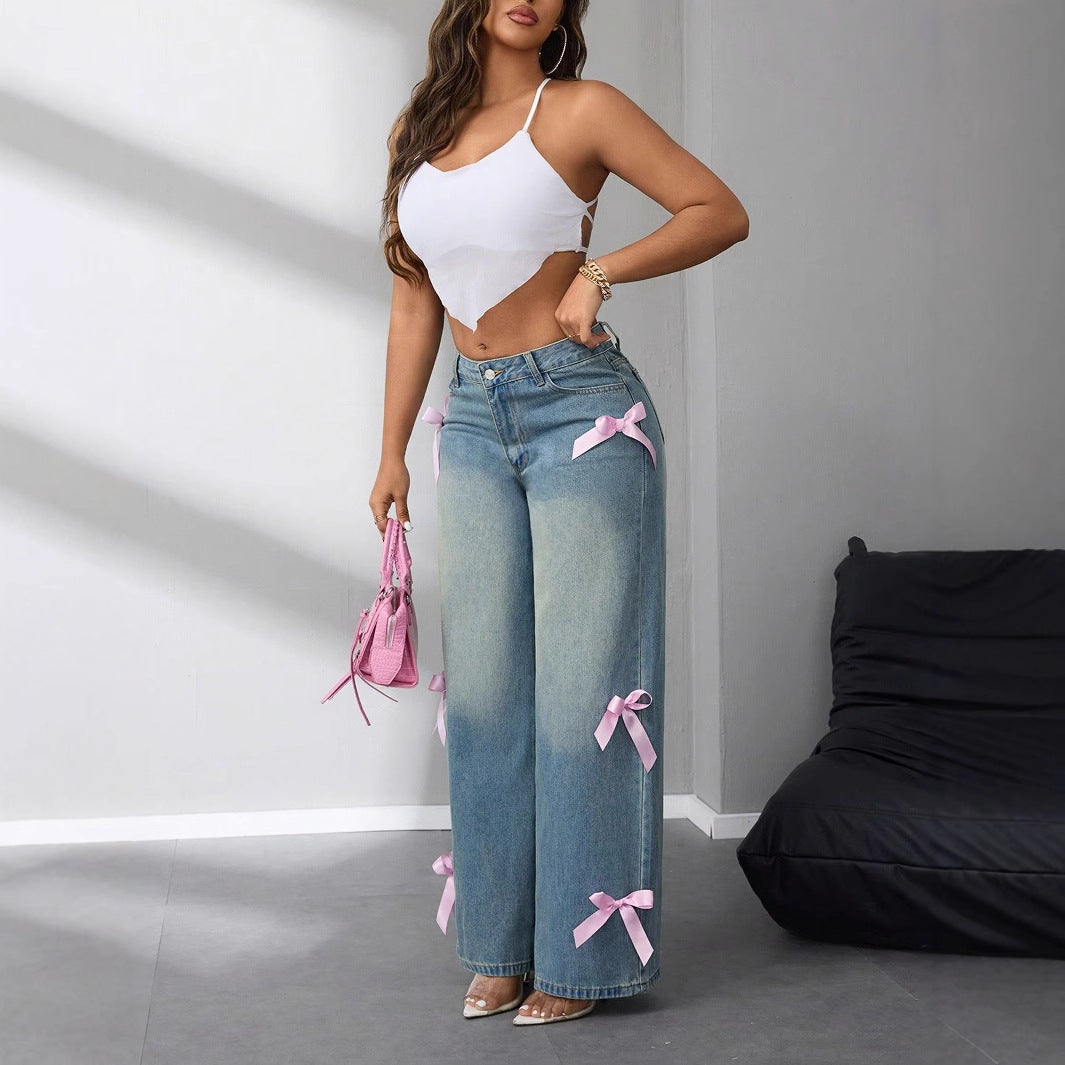 Effortless Blue Denim Wide Leg Jeans for Women with High Waisted Bow Ribbon Relaxed Style