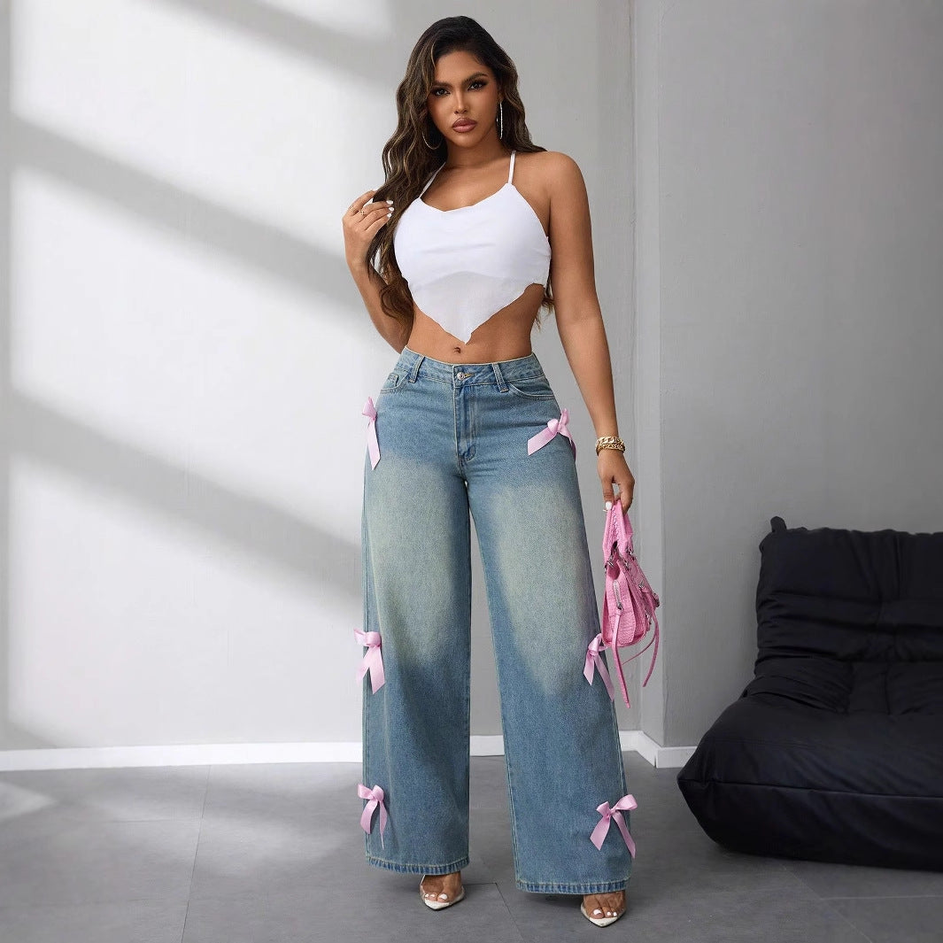 Effortless Blue Denim Wide Leg Jeans for Women with High Waisted Bow Ribbon Relaxed Style