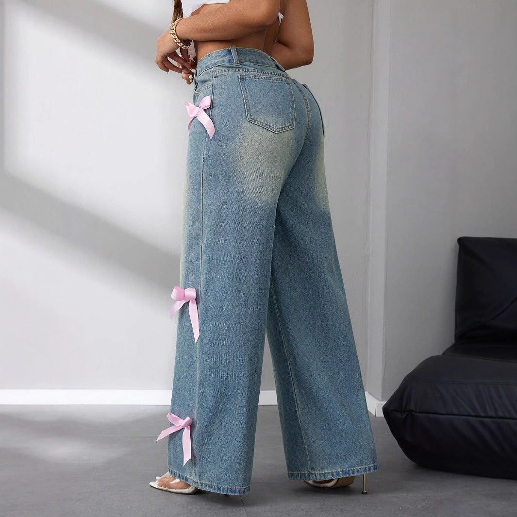 Effortless Blue Denim Wide Leg Jeans for Women with High Waisted Bow Ribbon Relaxed Style