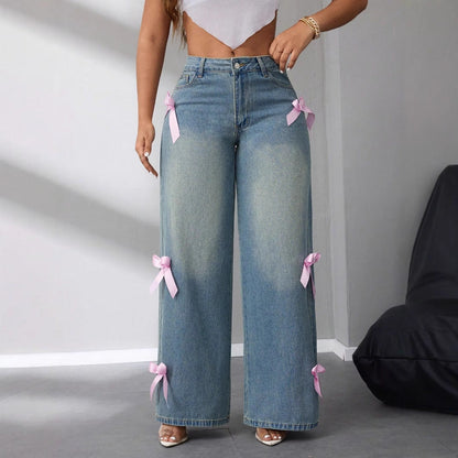Effortless Blue Denim Wide Leg Jeans for Women with High Waisted Bow Ribbon Relaxed Style