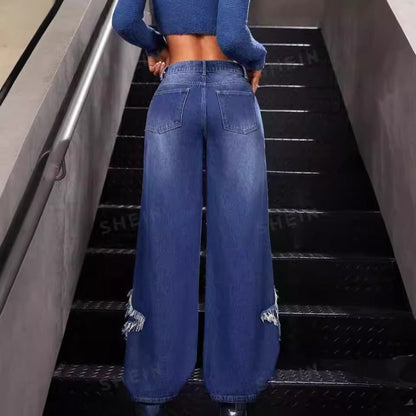 Effortless Blue Distressed Wide Leg Jeans for Women with High Waisted Frayed Hem Relaxed Casual Style