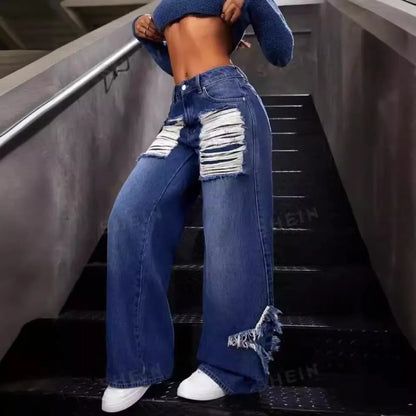 Effortless Blue Distressed Wide Leg Jeans for Women with High Waisted Frayed Hem Relaxed Casual Style