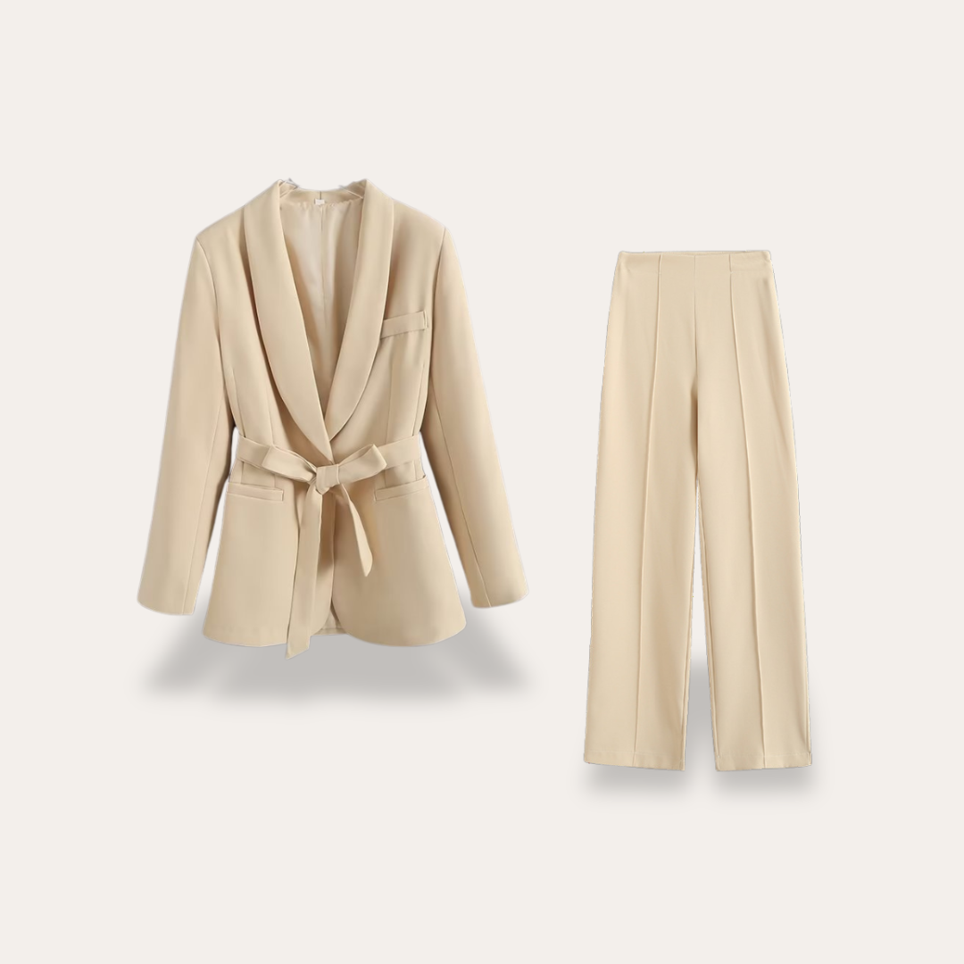 Elegant Blazer Pants Suit Set for Women with Belted Notch Lapel Two Piece