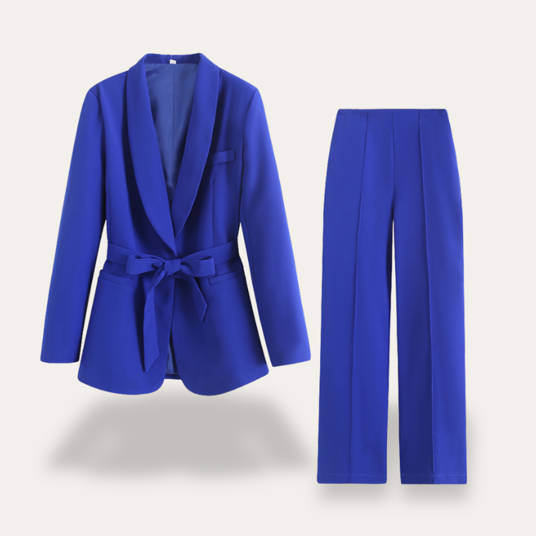 Elegant Blazer Pants Suit Set for Women with Belted Notch Lapel Two Piece
