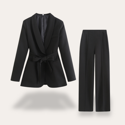 Elegant Blazer Pants Suit Set for Women with Belted Notch Lapel Two Piece
