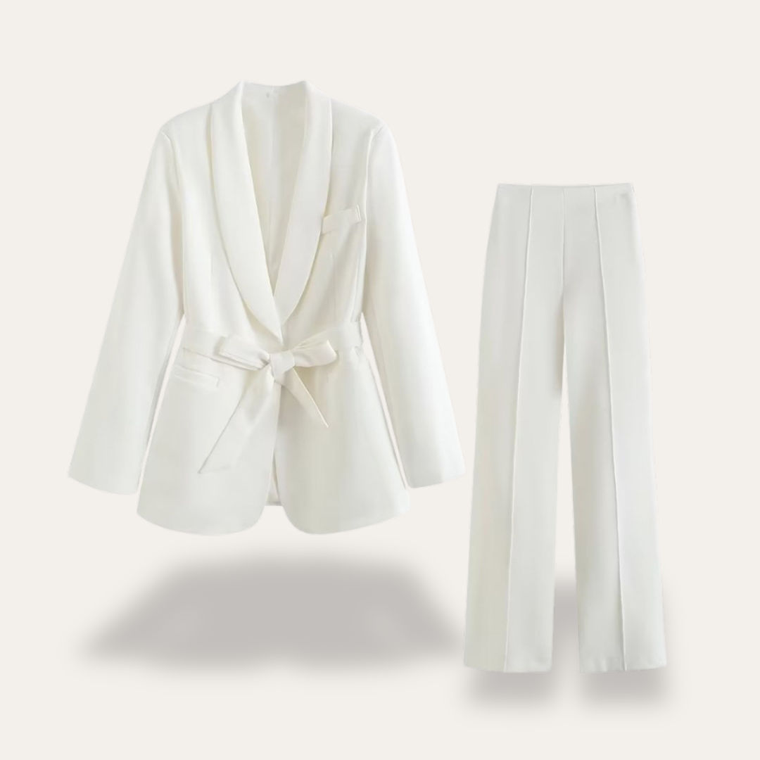 Elegant Blazer Pants Suit Set for Women with Belted Notch Lapel Two Piece